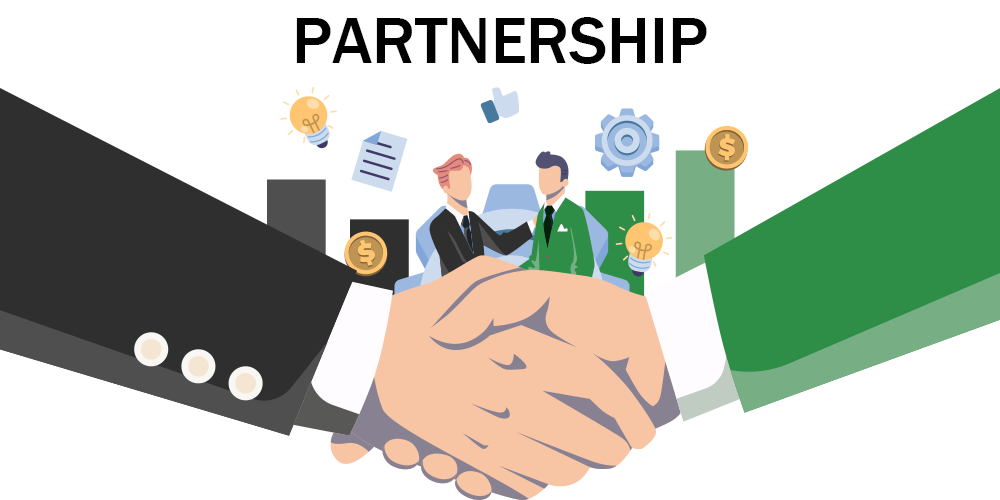 Image showing business partners shaking hands, with legal documents and a laptop on a desk, symbolizing partnership firm registration in India.