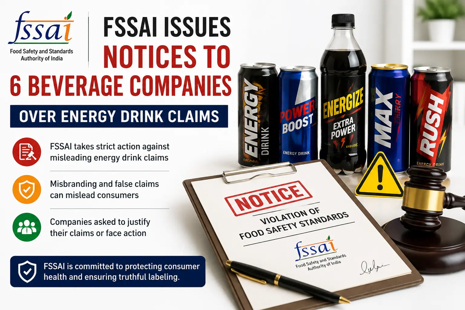 FSSAI Issues Notices to 6 Beverage Companies Over Energy Drink Claims highlighting food safety compliance and misleading energy drink labeling.