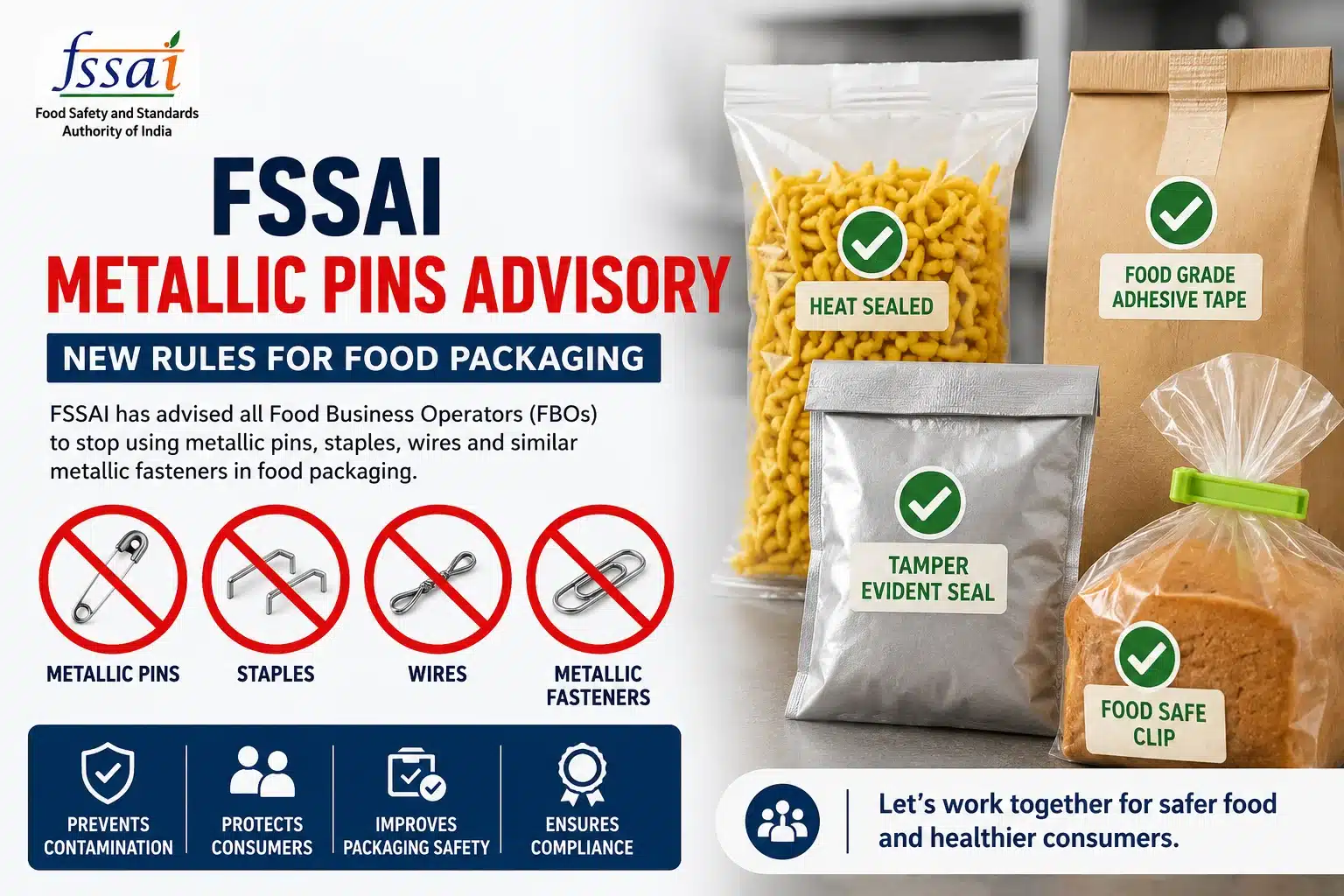 FSSAI Metallic Pins Advisory 2026 showing the prohibition of metallic pins and wires in food packaging with safe packaging alternatives for Food Business Operators.