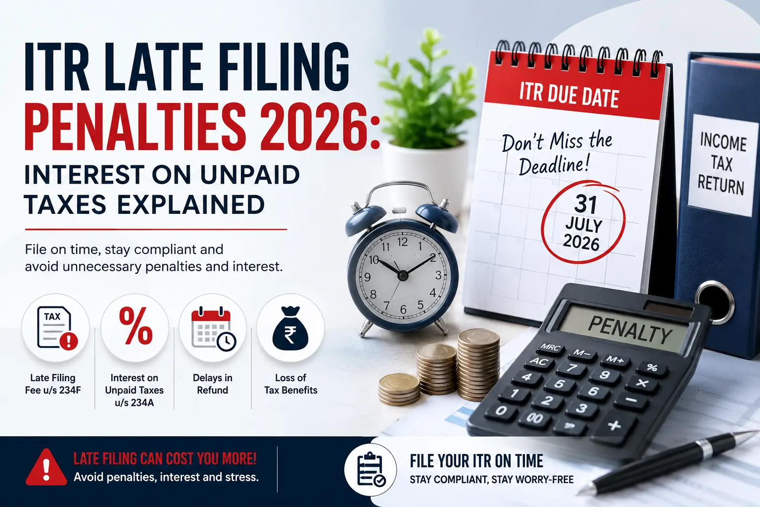 ITR Late Filing Penalties 2026 showing late filing fee, interest on unpaid taxes, due date reminder, and Income Tax Return filing concept in India.
