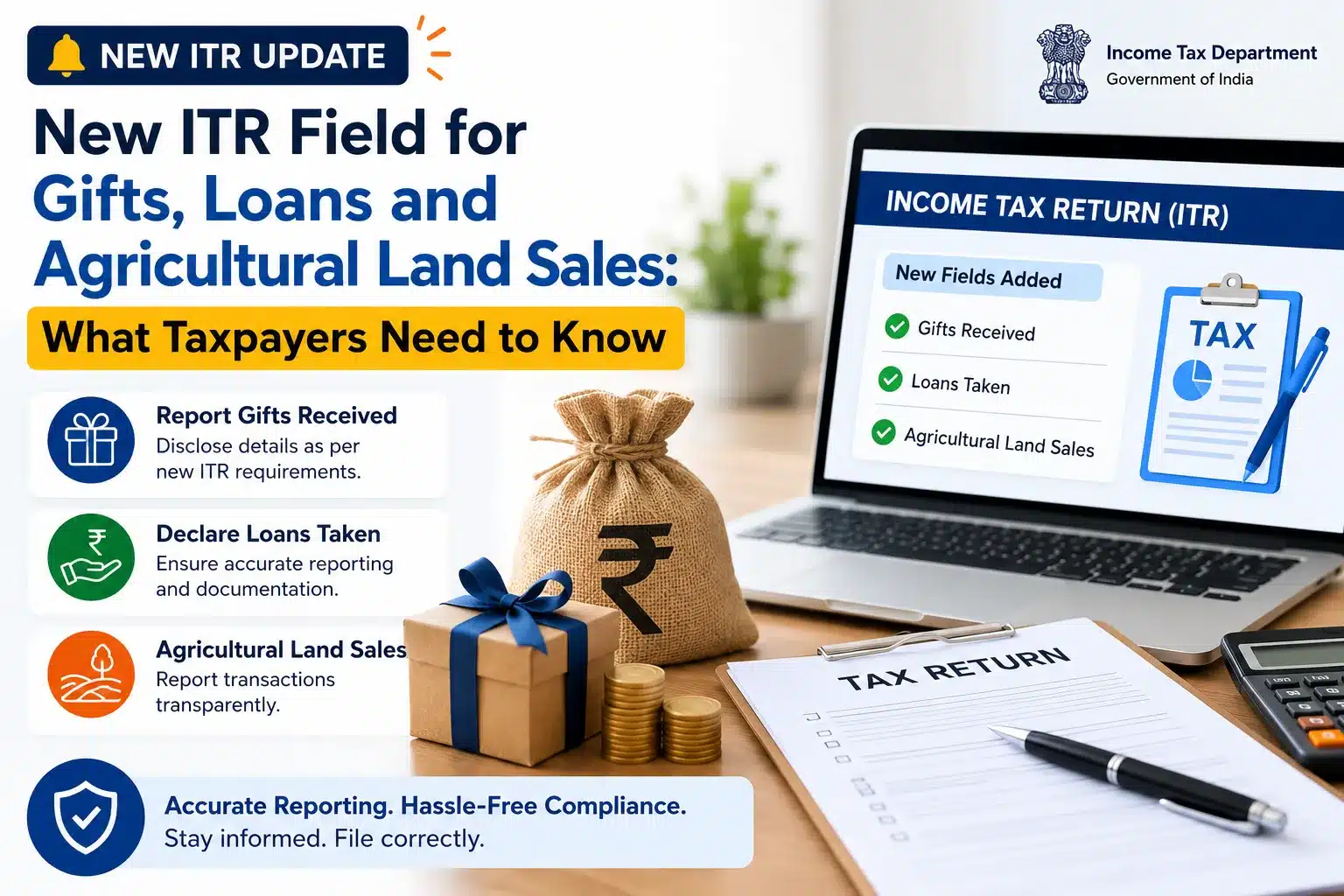 New ITR Field for Gifts, Loans and Agricultural Land Sales: What Taxpayers Need to Know – infographic explaining the new Income Tax Return (ITR) reporting requirements for gifts received, loans taken, and agricultural land sales.