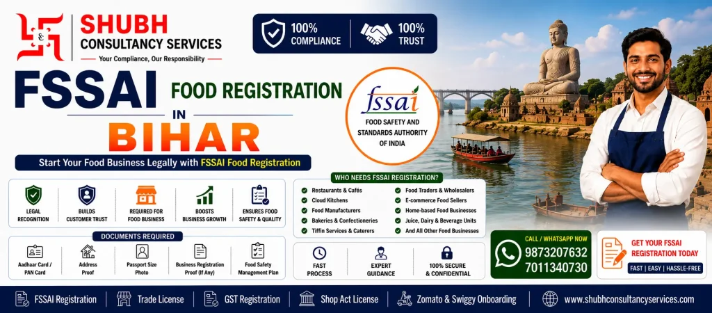 FSSAI Registration in Bihar by Shubh Consultancy Services offering online food licence registration, FSSAI basic registration, state licence, central licence, food business compliance, and document assistance across Bihar.