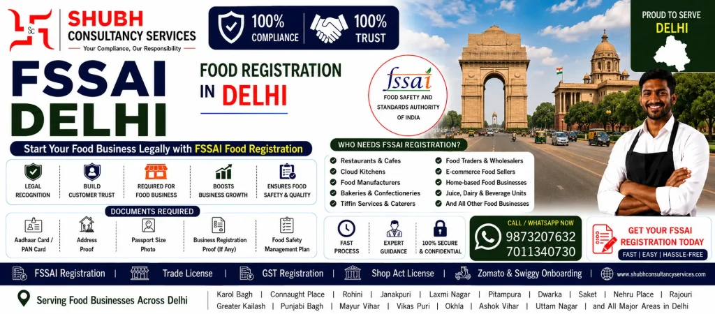 FSSAI Food Registration in Delhi banner by Shubh Consultancy Services featuring India Gate, FSSAI logo, required documents, eligibility, and online food license registration services.