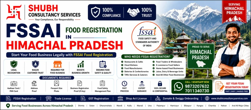FSSAI Food Registration in Himachal Pradesh – Apply online for FSSAI Basic Registration, State Licence, and Central Licence with Shubh Consultancy Services. Fast, hassle-free food licence services across Himachal Pradesh.