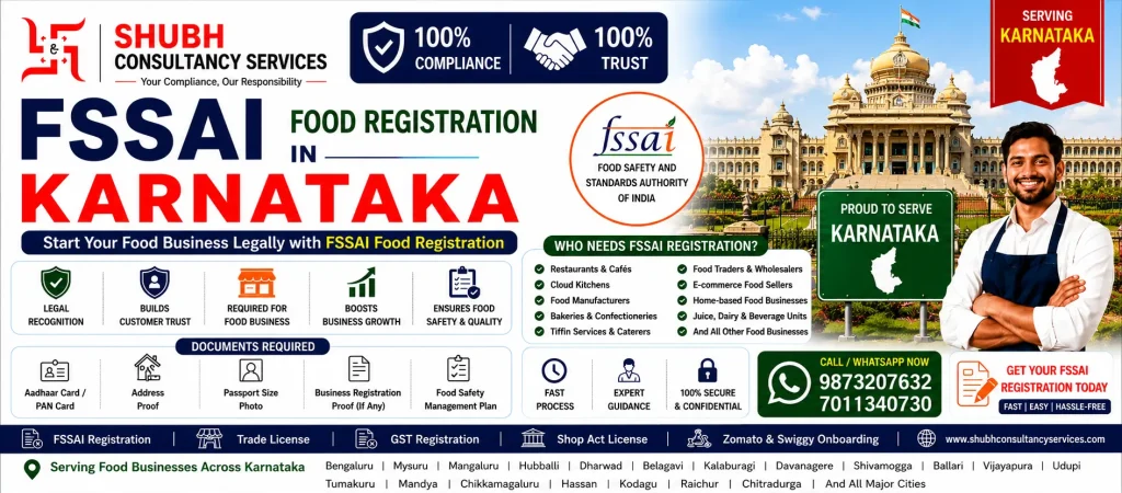 FSSAI Food Registration in Karnataka – Apply online for FSSAI Basic Registration, State Licence, and Central Licence with Shubh Consultancy Services. Fast and hassle-free food licence services across Karnataka.