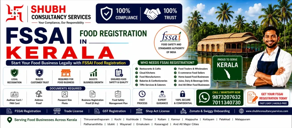 FSSAI Food Registration in Kerala – Apply online for FSSAI Basic Registration, State Licence, and Central Licence with Shubh Consultancy Services. Fast and hassle-free food licence services across Kerala.