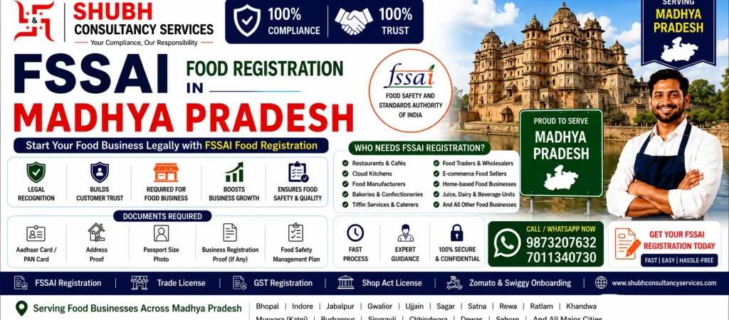 FSSAI Food Registration in Madhya Pradesh – Apply online for FSSAI Basic Registration, State Licence, and Central Licence with Shubh Consultancy Services. Fast and hassle-free food licence services across Madhya Pradesh.
