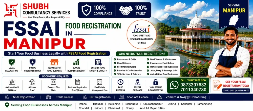 FSSAI Food Registration in Manipur – Apply online for FSSAI Basic Registration, State Licence, and Central Licence with Shubh Consultancy Services. Fast and hassle-free food licence services across Manipur.