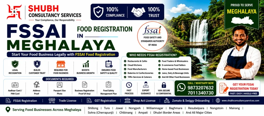 FSSAI Food Registration in Meghalaya – Apply online for FSSAI Basic Registration, State Licence, and Central Licence with Shubh Consultancy Services. Fast and hassle-free food licence services across Meghalaya.