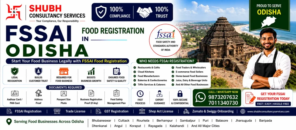 FSSAI Food Registration in Odisha – Apply online for FSSAI Basic Registration, State Licence, and Central Licence with Shubh Consultancy Services. Fast and hassle-free food licence services across Odisha.