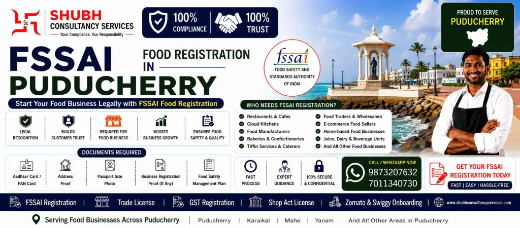 FSSAI Food Registration in Puducherry promotional banner by Shubh Consultancy Services featuring the Puducherry Rock Beach Promenade and Gandhi Statue, highlighting food licence registration services, required documents, eligibility, benefits, and contact information for food businesses.
