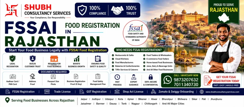 FSSAI Food Registration in Rajasthan – Apply online for FSSAI Basic Registration, State Licence, and Central Licence with Shubh Consultancy Services. Fast and hassle-free food licence services across Rajasthan.