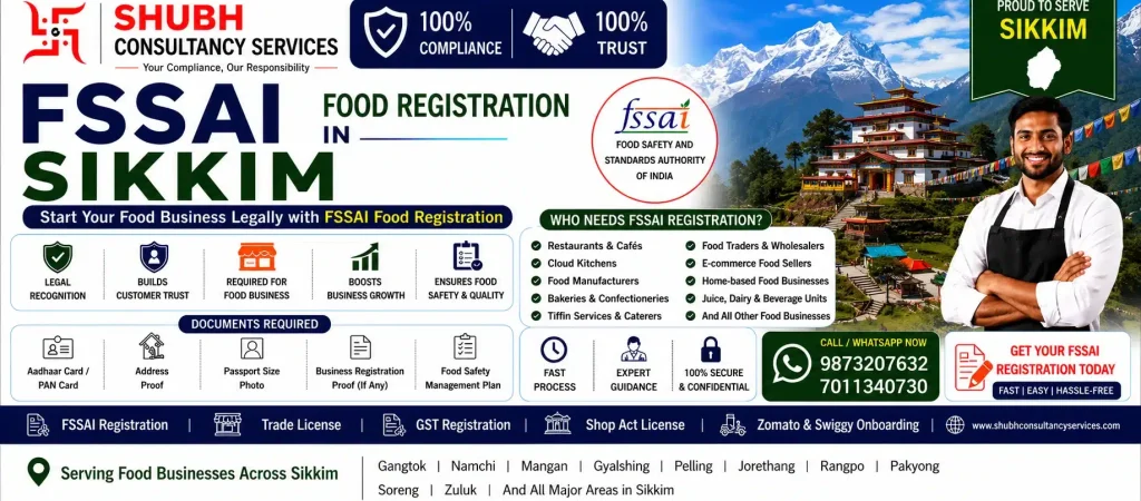 FSSAI Food Registration in Sikkim – Apply online for FSSAI Basic Registration, State Licence, and Central Licence with Shubh Consultancy Services. Fast and hassle-free food licence services across Sikkim.