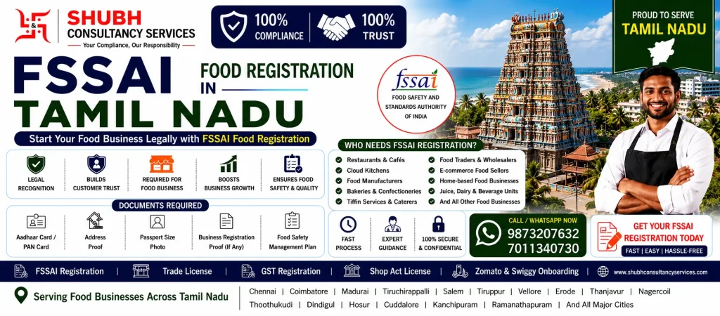 FSSAI Food Registration in Tamil Nadu – Apply online for FSSAI Basic Registration, State Licence, and Central Licence with Shubh Consultancy Services. Fast and hassle-free food licence services across Tamil Nadu.