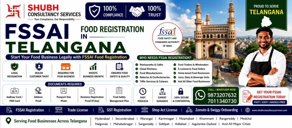 FSSAI Food Registration in Telangana – Apply online for FSSAI Basic Registration, State Licence, and Central Licence with Shubh Consultancy Services. Fast and hassle-free food licence services across Telangana.