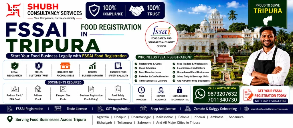 FSSAI Food Registration in Tripura – Apply online for FSSAI Basic Registration, State Licence, and Central Licence with Shubh Consultancy Services. Fast and hassle-free food licence services across Tripura.