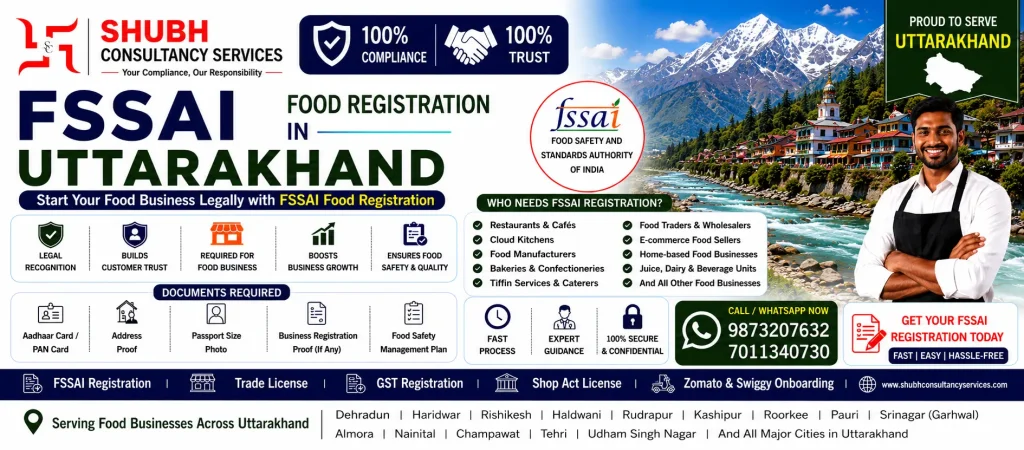 FSSAI Food Registration in Uttarakhand – Apply Online for FSSAI License & Registration with Shubh Consultancy Services